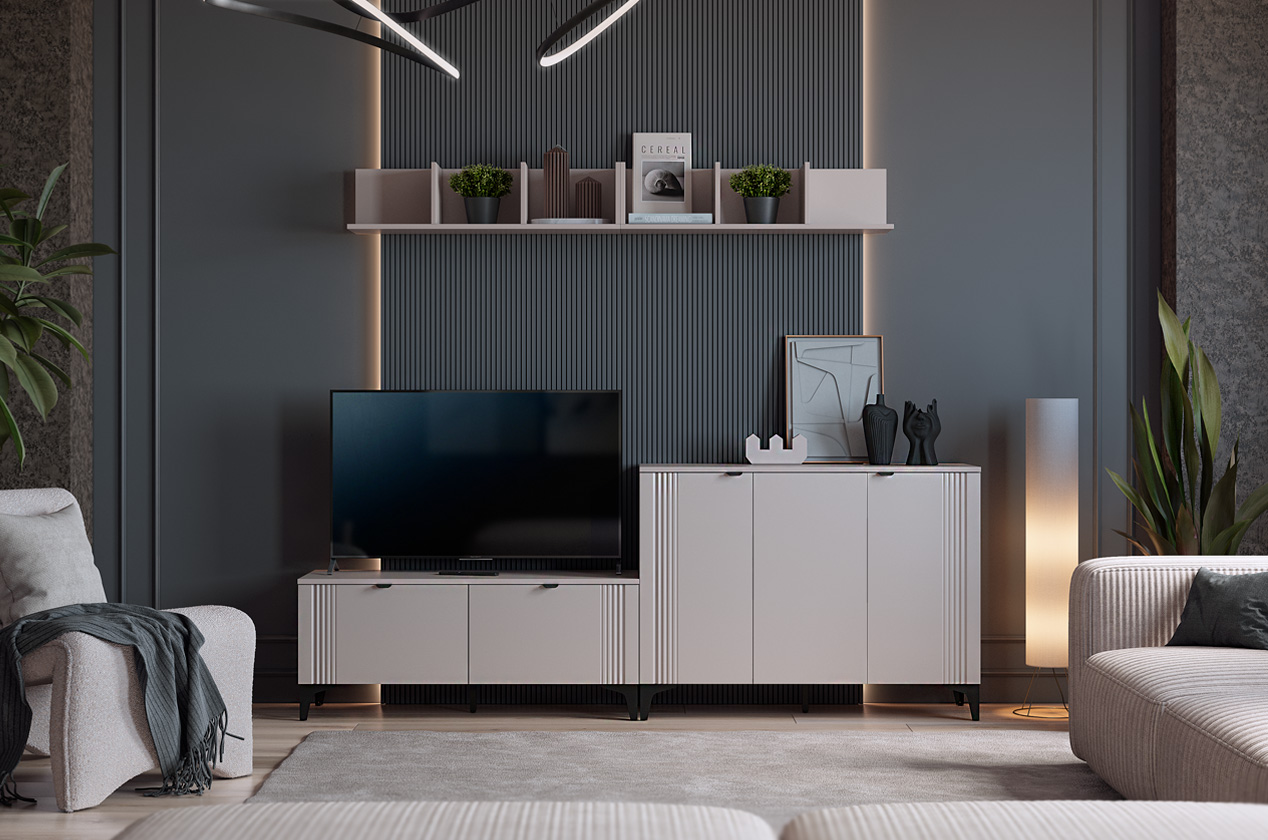 Гостиная "Рич К2" (2200х420х1800 мм) (кашемир/фрапучино матовый/черный)