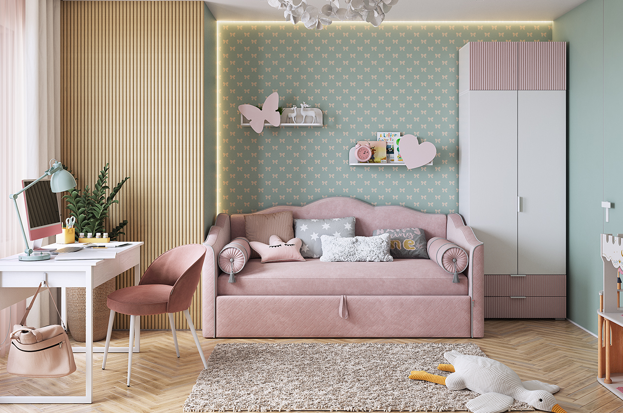 Комплект детской мебели "Зефир К3" (белое дерево/пудра розовая (эмаль)/нежно-розовый (велюр))