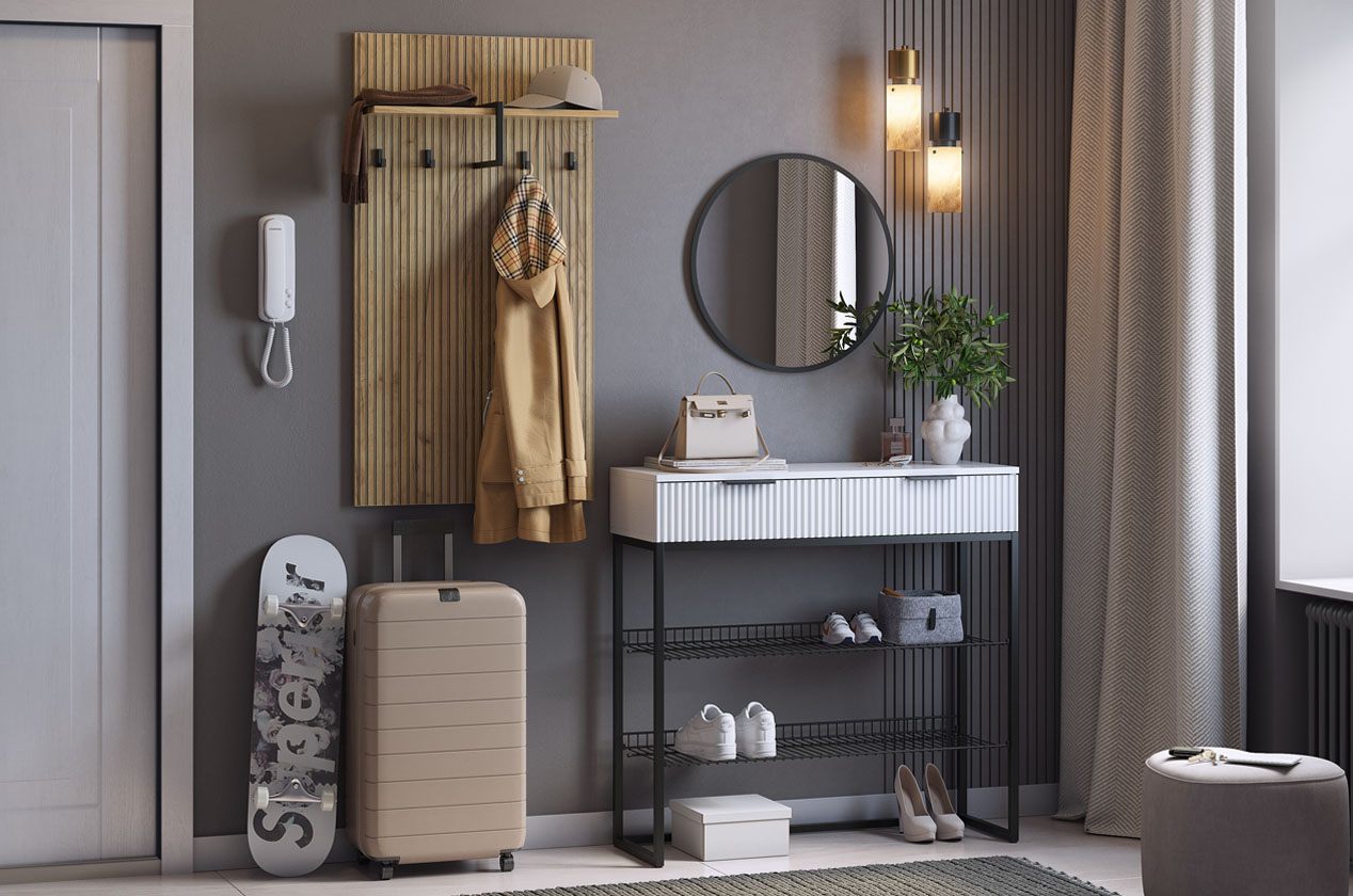 Прихожая "Мебельсон К16" (1552х335х1750) (дуб крафт золотой/белое дерево/черный муар/черный)