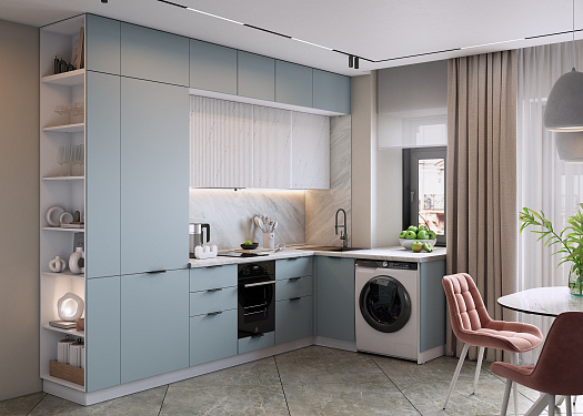 Кухонный гарнитур 2 (ширина 290х169х250,1 см) (белый/сизый/мрамор пилатус матовый)