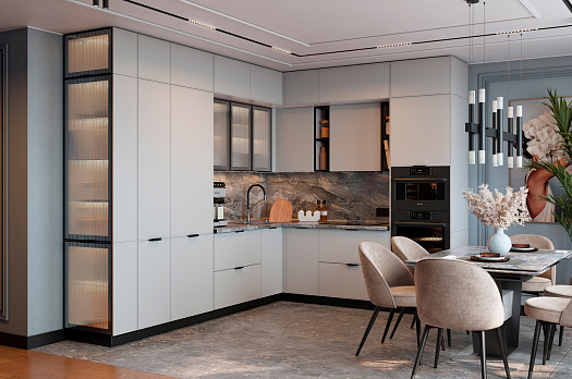 Кухонный гарнитур 5 (ширина 307х244х250,1 см) (белый/маус матовый/черный муар/бесцветное мору)