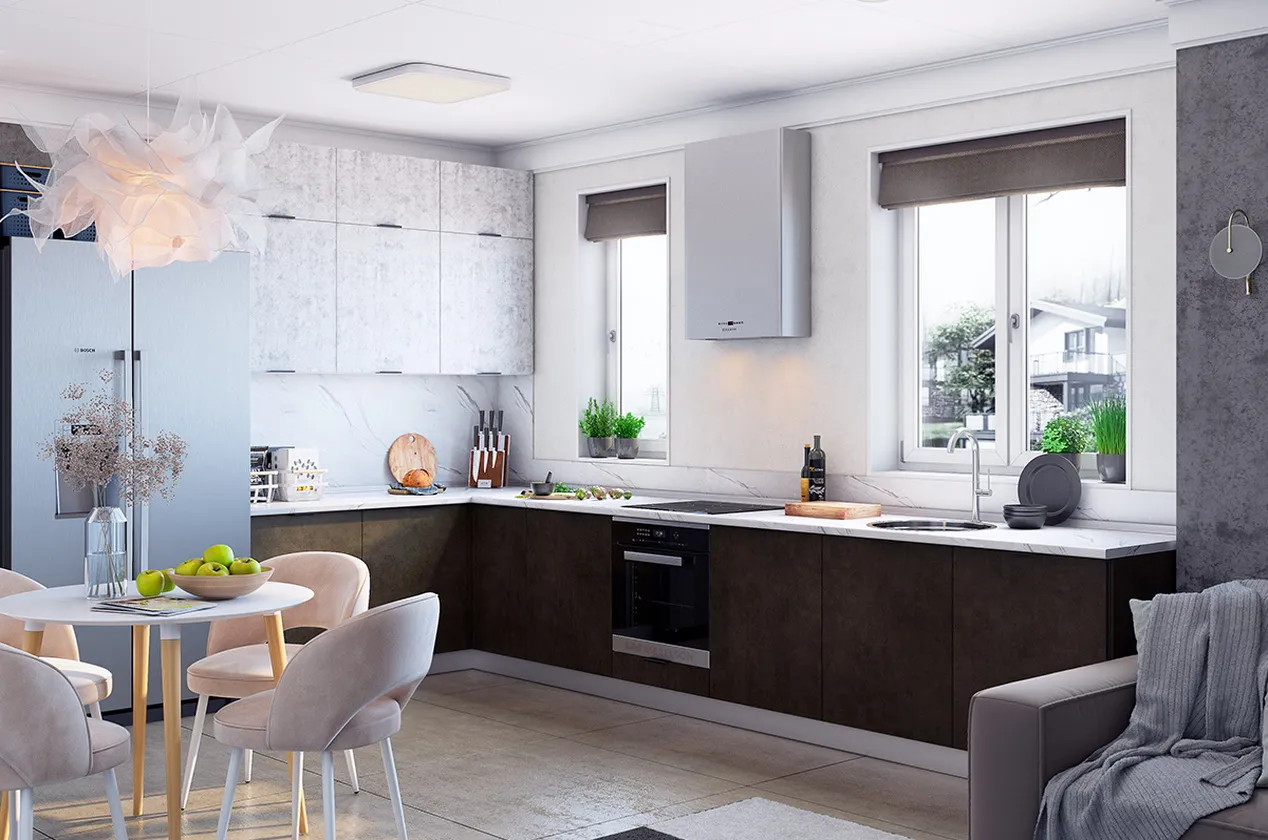 Кухонный гарнитур 1 "Стоун" (ширина 180х402 см) (белый/белая скала/камень темно-серый)