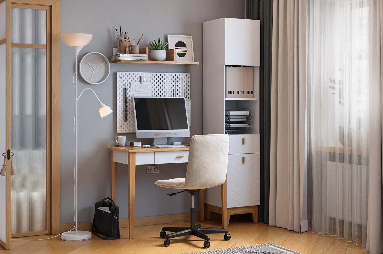 Стол компьютерный "Хюгге К1" (1400х500х1953 мм) (белое дерево/дуб крафт золотой/белый матовый)